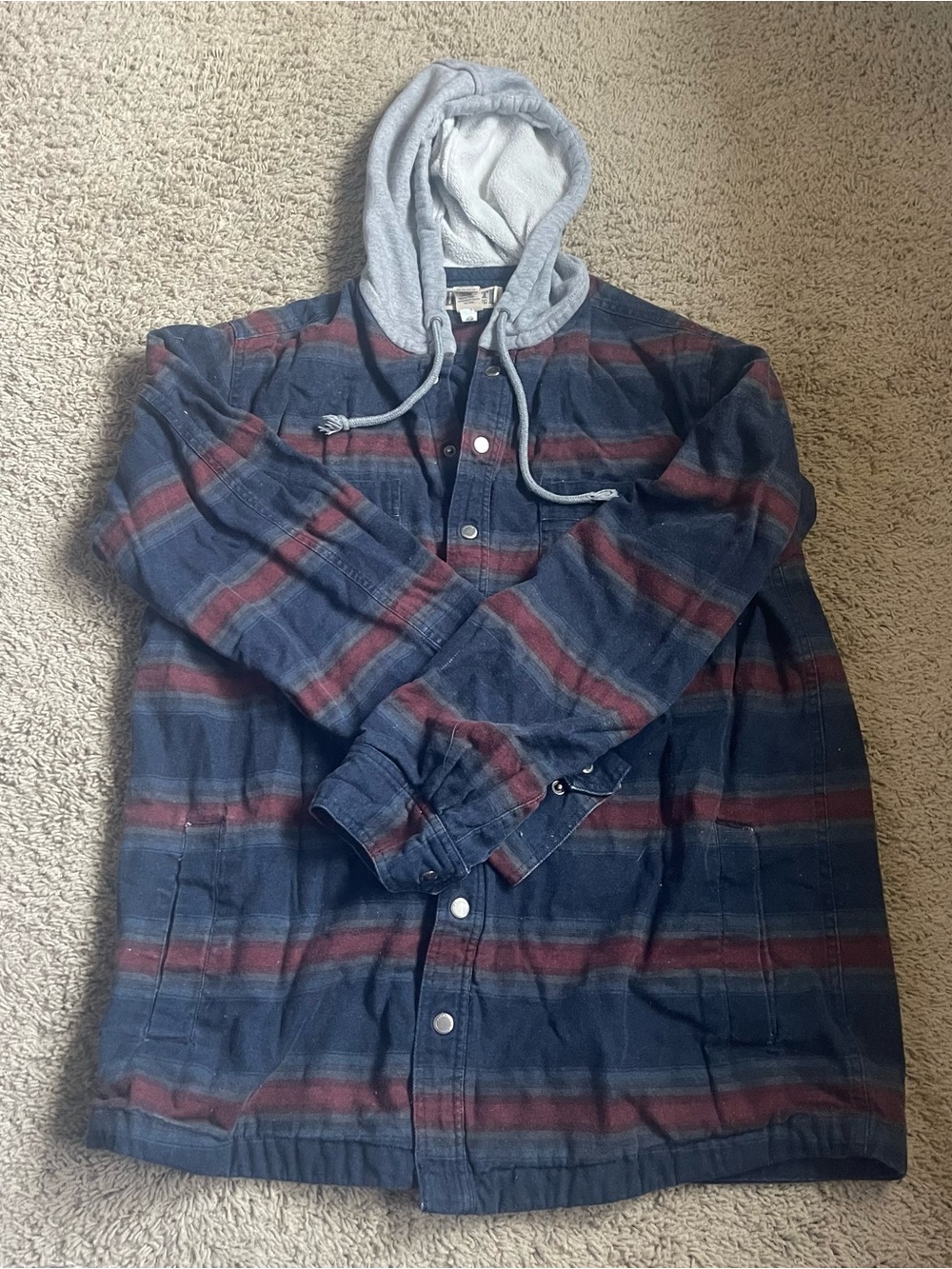 Striped Navy & Maroon Hooded Button-Up Jacket